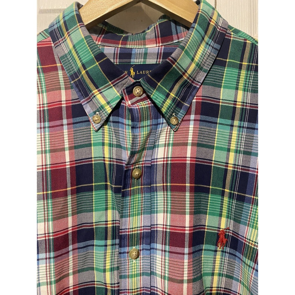 Ralph Lauren  Green Plaid POLO Logo Pony Rider MADRAS Men Shirt XXL 2X